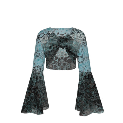 Ruffled Tie Front Cropped Blouse Turquoise Black Ombre