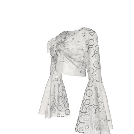 Ruffled Tie Front Cropped Blouse Ivory and Black Graphic