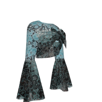 Ruffled Tie Front Cropped Blouse Turquoise Black Ombre