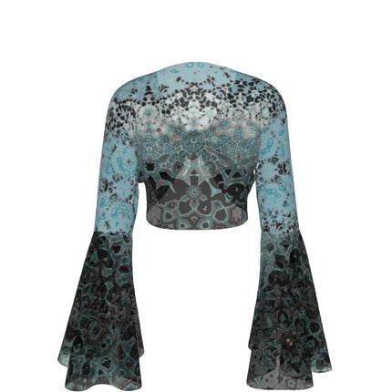 Ruffled Tie Front Cropped Blouse Turquoise Black Ombre
