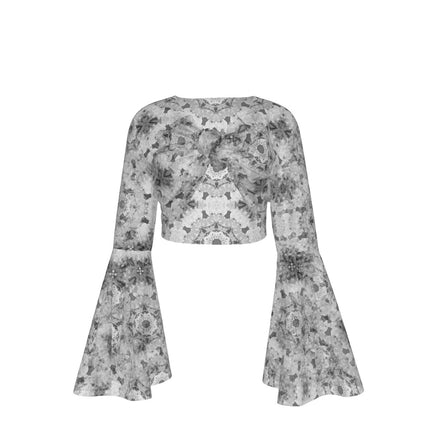 Ruffled Tie Front Cropped Blouse Black, White and Gray Graphic