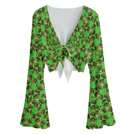 Ruffled Tie Front Cropped Blouse Brown Butterfly on Green