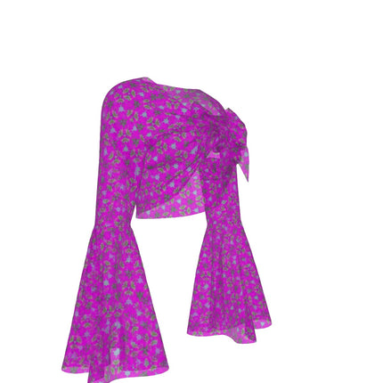 Ruffled Tie Front Cropped Blouse Fuchsia Flowers
