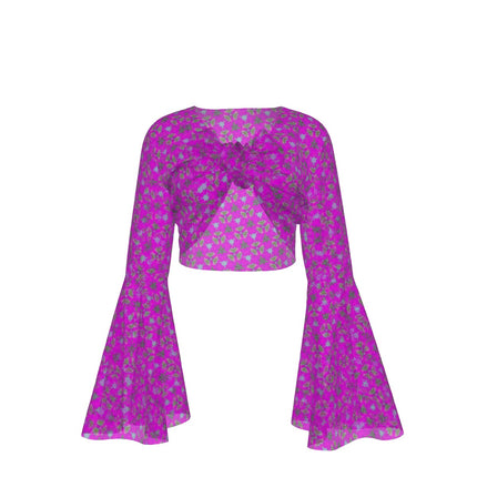 Ruffled Tie Front Cropped Blouse Fuchsia Flowers