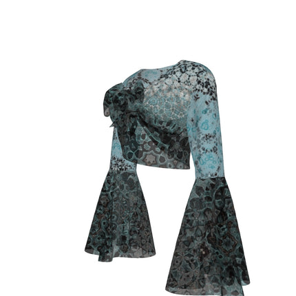 Ruffled Tie Front Cropped Blouse Turquoise Black Ombre