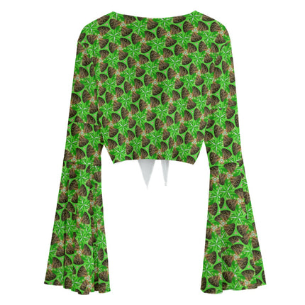 Ruffled Tie Front Cropped Blouse Brown Butterfly on Green