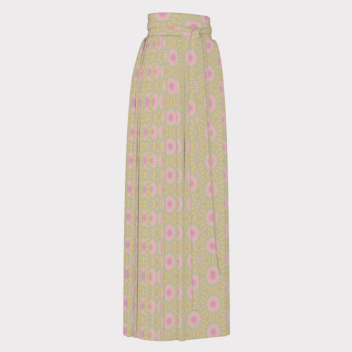 Traditional Chinese Pleated Skirt Pink Coneflowers Taupe Green
