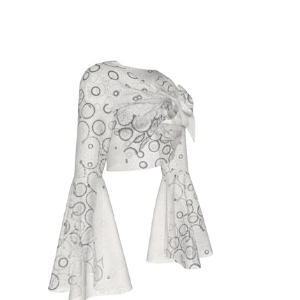 Ruffled Tie Front Cropped Blouse Ivory and Black Graphic