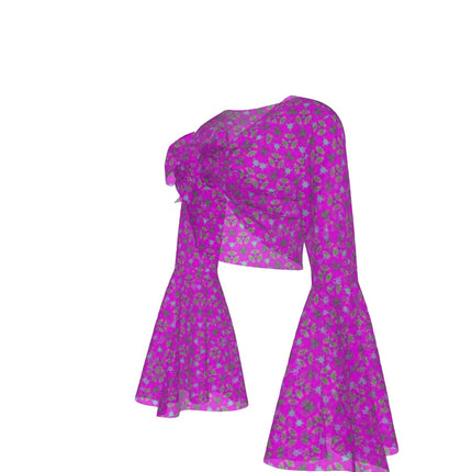 Ruffled Tie Front Cropped Blouse Fuchsia Flowers