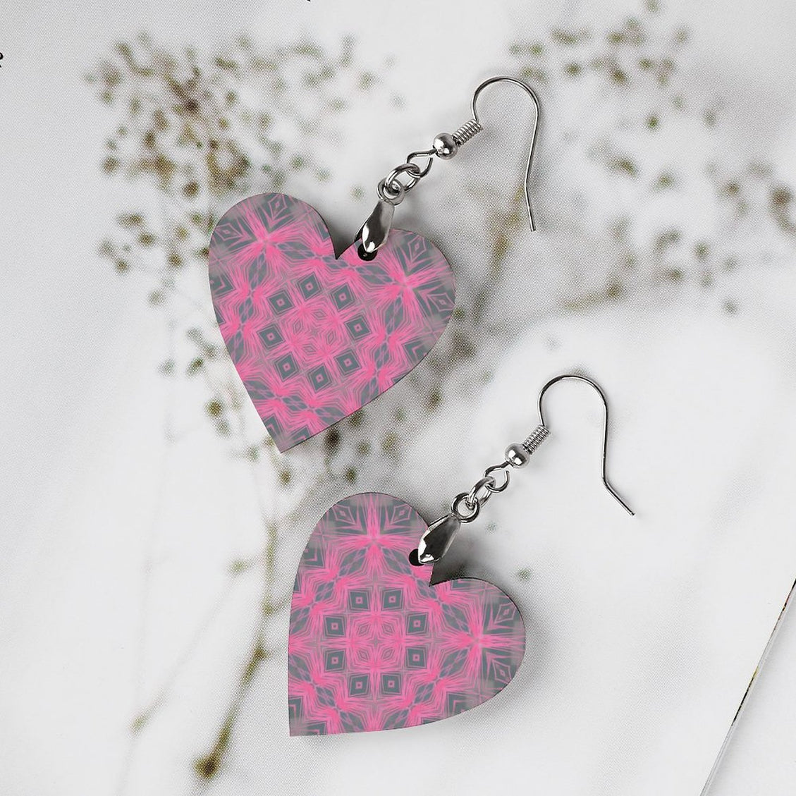 Wooden Heart Earrings PInk and Gray Plaid