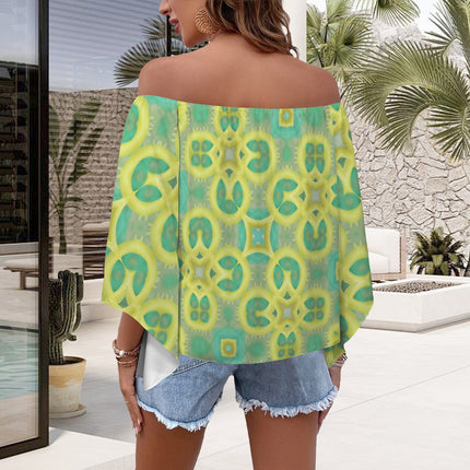 Trumpet Sleeve Blouse Green Yellow Blue Retro