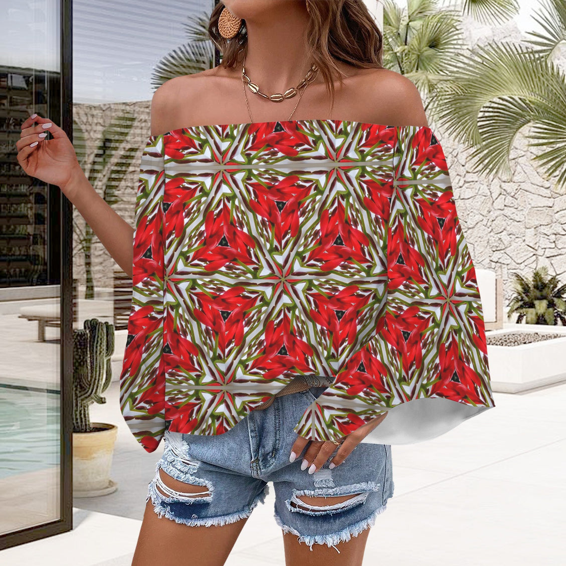 Trumpet Sleeve Blouse Tropical Red Flower
