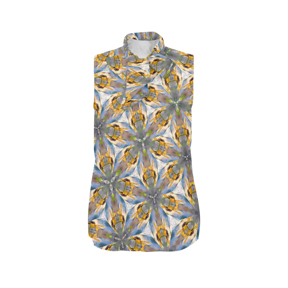 Bow Tie V Neck Sleeveless Blouse Sunflower Lakeside Sunset Geometric