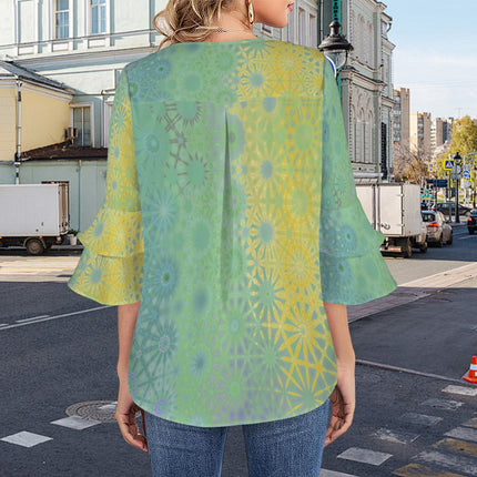 Layered Flare Sleeve Blouse Yellow Coneflowers Abstract