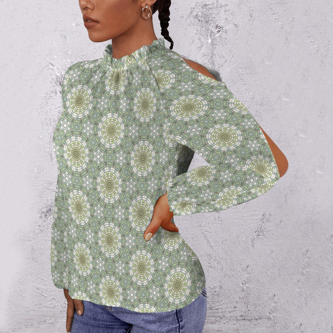 Long Slit Sleeve Blouse Green Yellow Carnival Tile