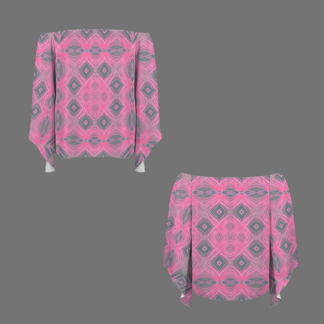 Trumpet Sleeve Blouse Butterfly Balm Pink Gray Geometric