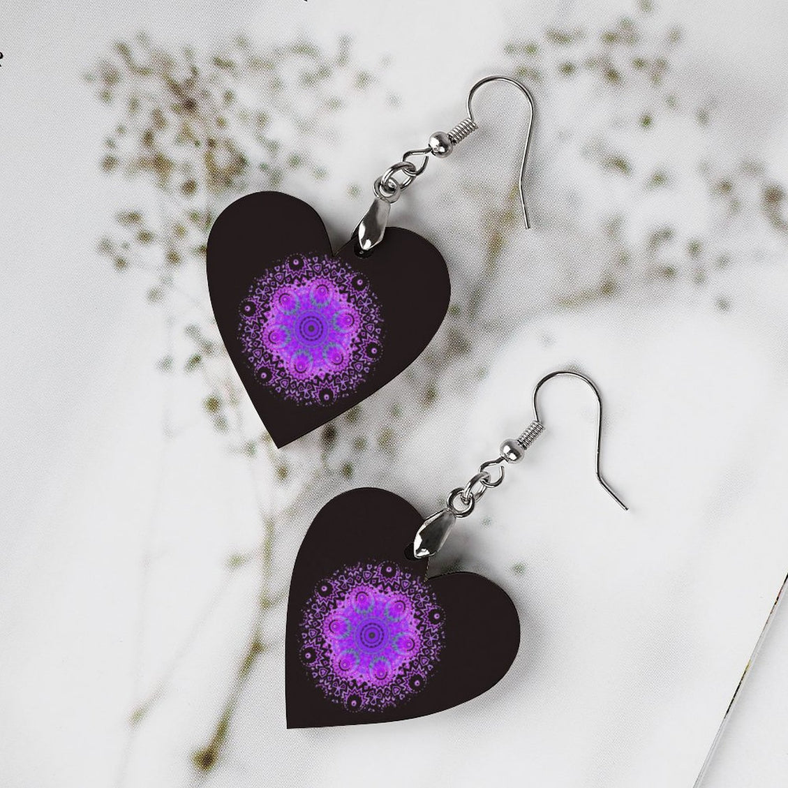 Wooden Heart Earrings Purple Mandela on Black