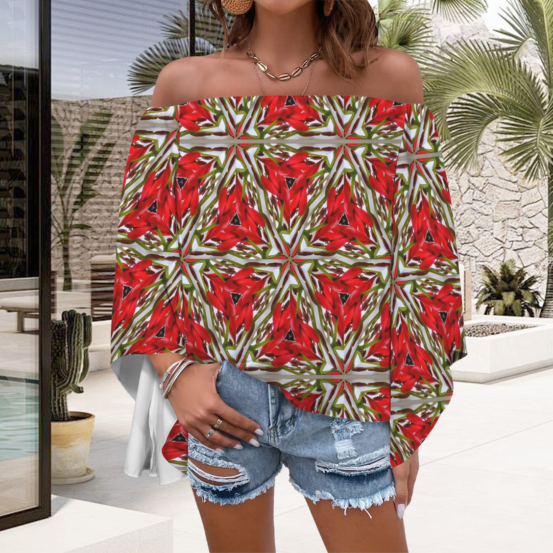 Trumpet Sleeve Blouse Tropical Red Flower