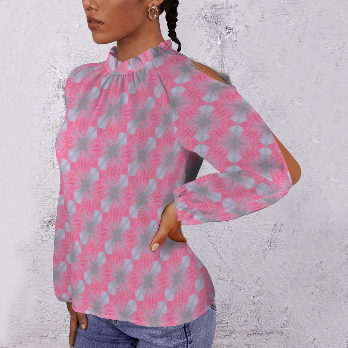 Long Slit Sleeve Blouse Pink Butterfly Balm