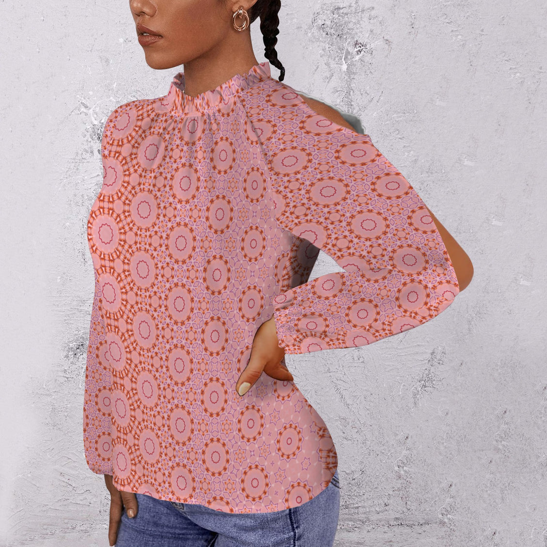 Long Slit Sleeve Blouse Pink and Coral Geometric