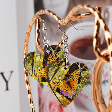 Wooden Heart Earrings Butterfly on Thistle