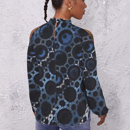 Long Slit Sleeve Blouse Blue and Black Geometric