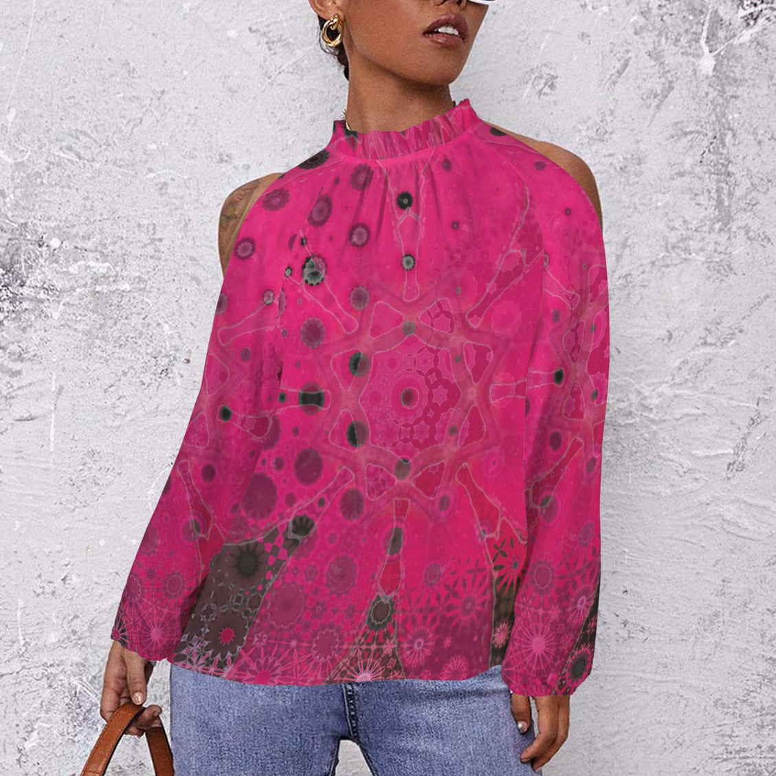 Long Slit Sleeve Blouse Red Leaves Watercolor