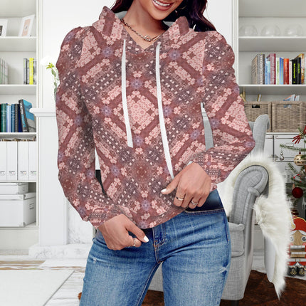 Puff Sleeve Hoodie Pink Burgundy Tartan Plaid