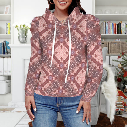 Puff Sleeve Hoodie Pink Burgundy Tartan Plaid