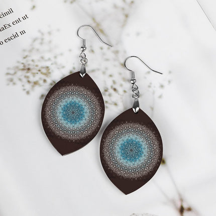 Wooden Oval Earrings Blue Mandela on Black