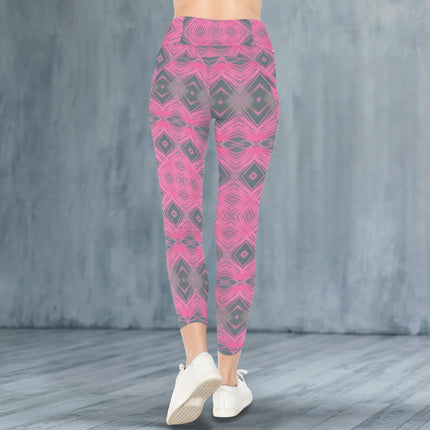High Waist Pockets Yoga Leggings Pink Plaid