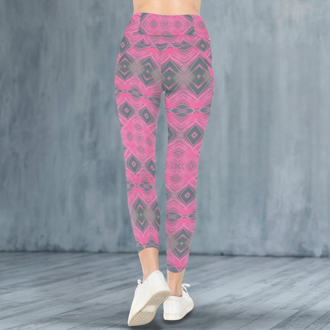 High Waist Pockets Yoga Leggings Pink Plaid