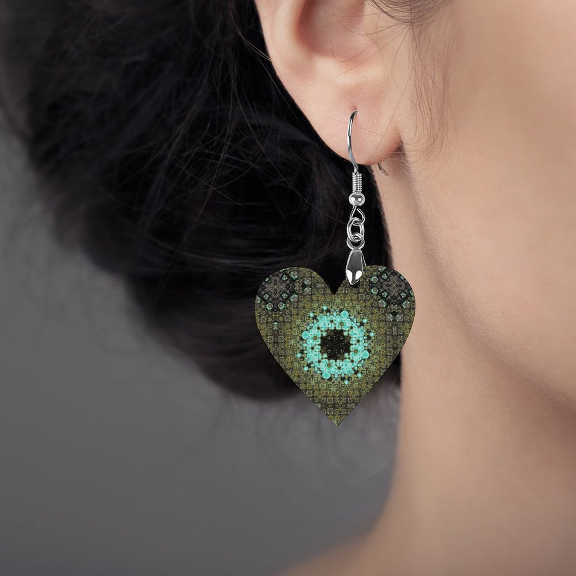 Wooden Heart Earrings Blue Moss Mandela