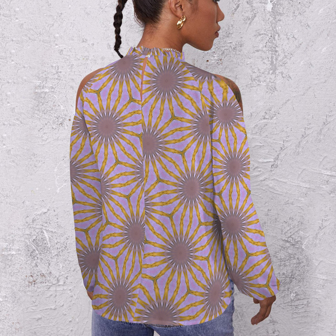 Long Slit Sleeve Blouse Lavendar Gold Flower