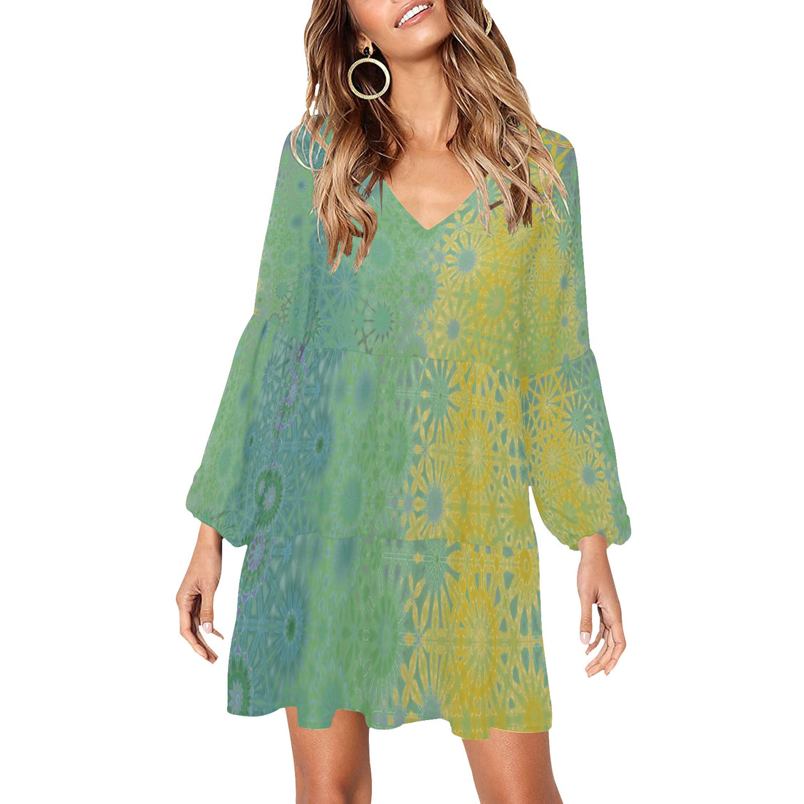 V Neck Flowy Dress Yellow Coneflowers Green