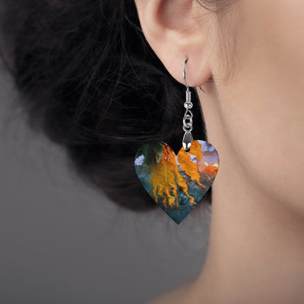 Wooden Heart Earrings Sunflower in Headlights