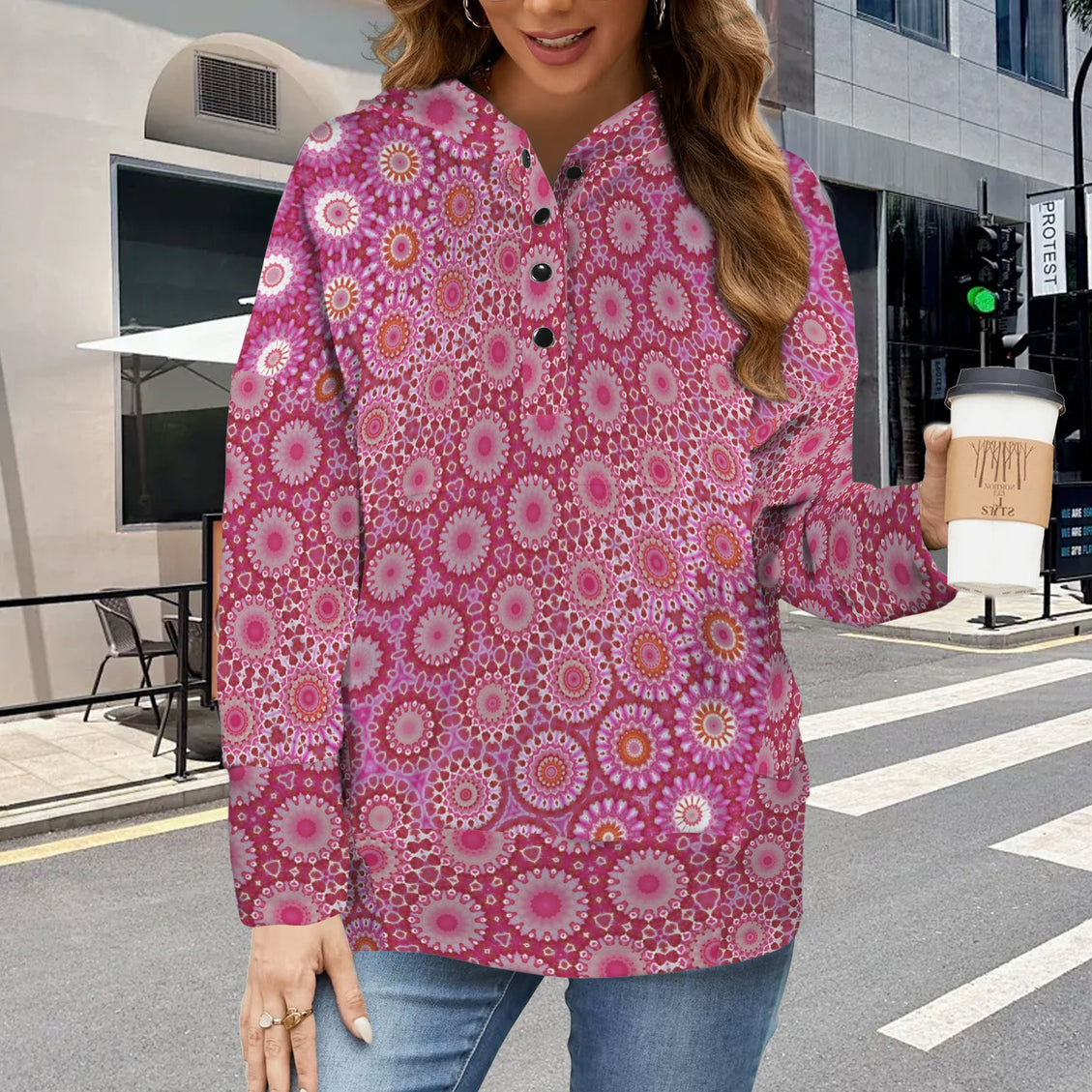 V Neck Pocket Hoodie Raspberry Swirl