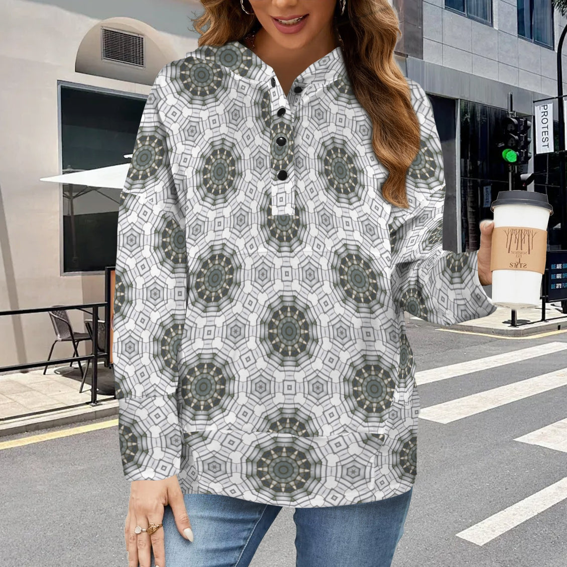 Hooded Pullover Carnival Tile White Gray Geometric