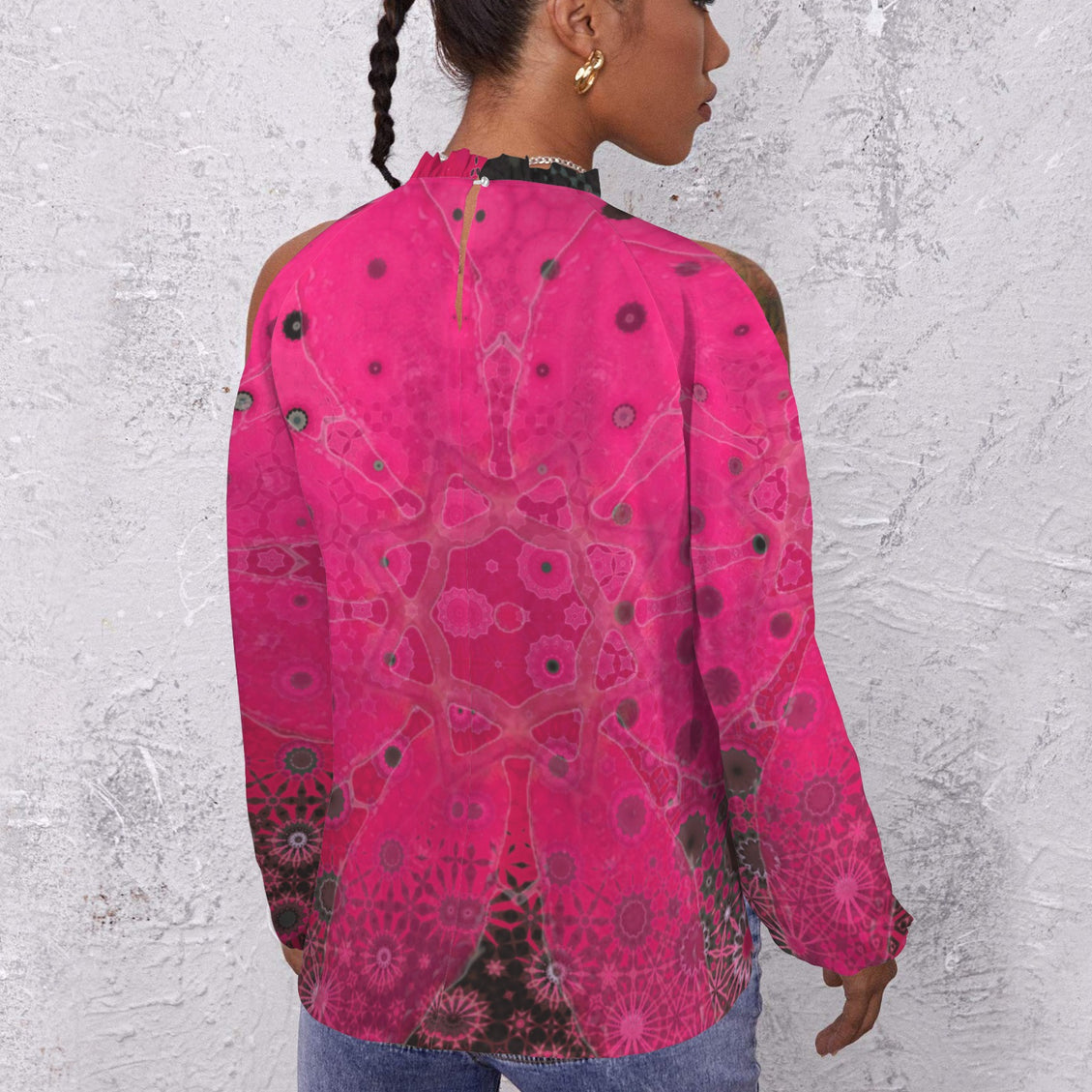 Long Slit Sleeve Blouse Red Leaves Watercolor