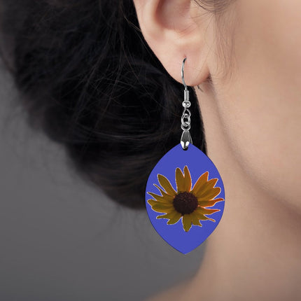 Wooden Oval Earrings Wild Sunflower Blue