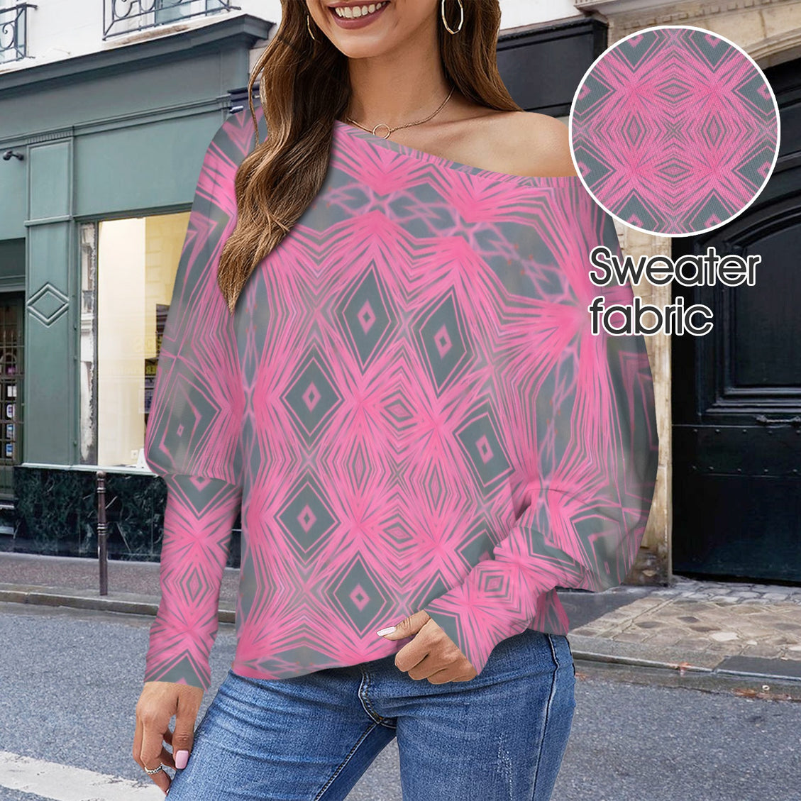 Batwing Long Sleeve Sweater Pink and Gray Plaid