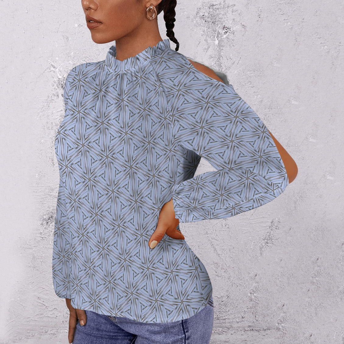 Long Slit Sleeve Blouse Blue Koi Fish