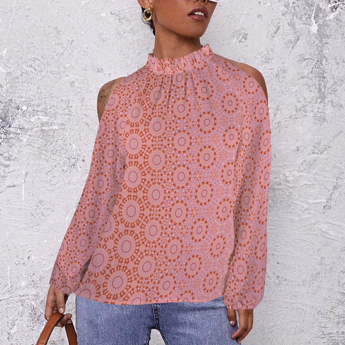 Long Slit Sleeve Blouse Pink and Coral Geometric