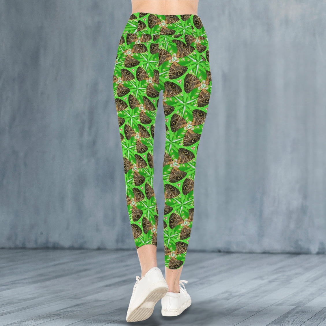 High Waist Pockets Yoga Leggings Brown Butterfly Green Leaves