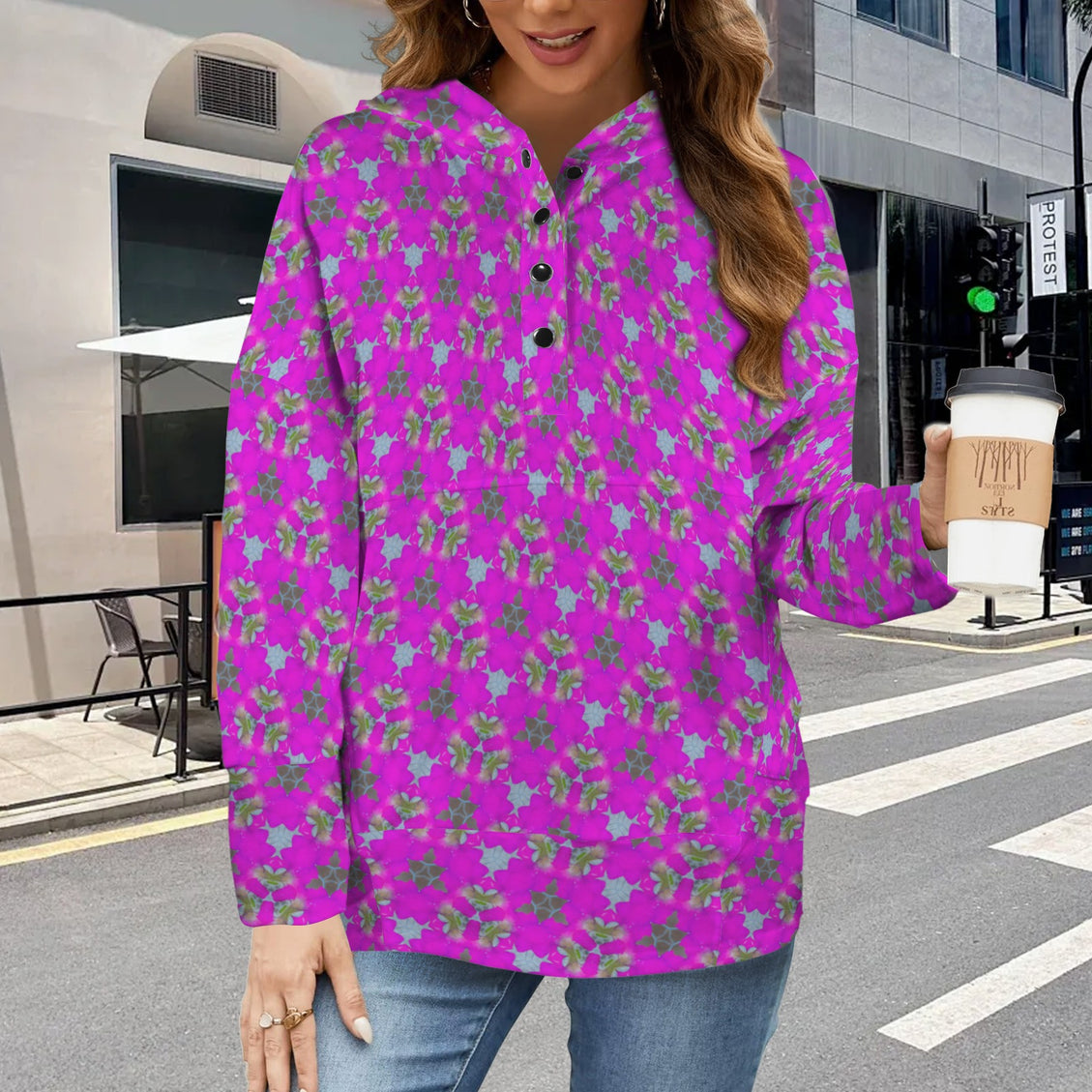 Hooded Pullover Fuchsia Floral