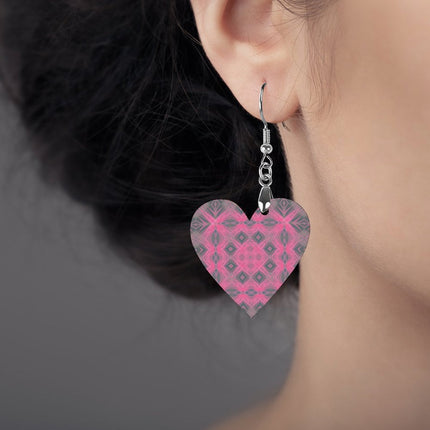Wooden Heart Earrings PInk and Gray Plaid