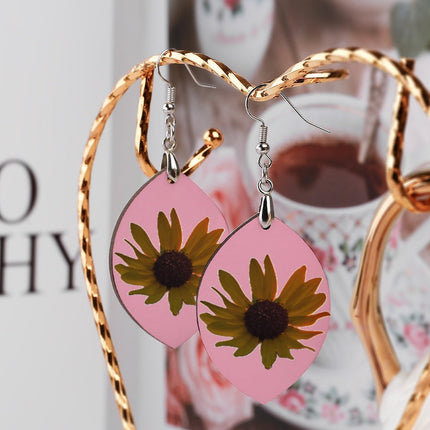 Wooden Oval Earrings Wild Sunflower Pink