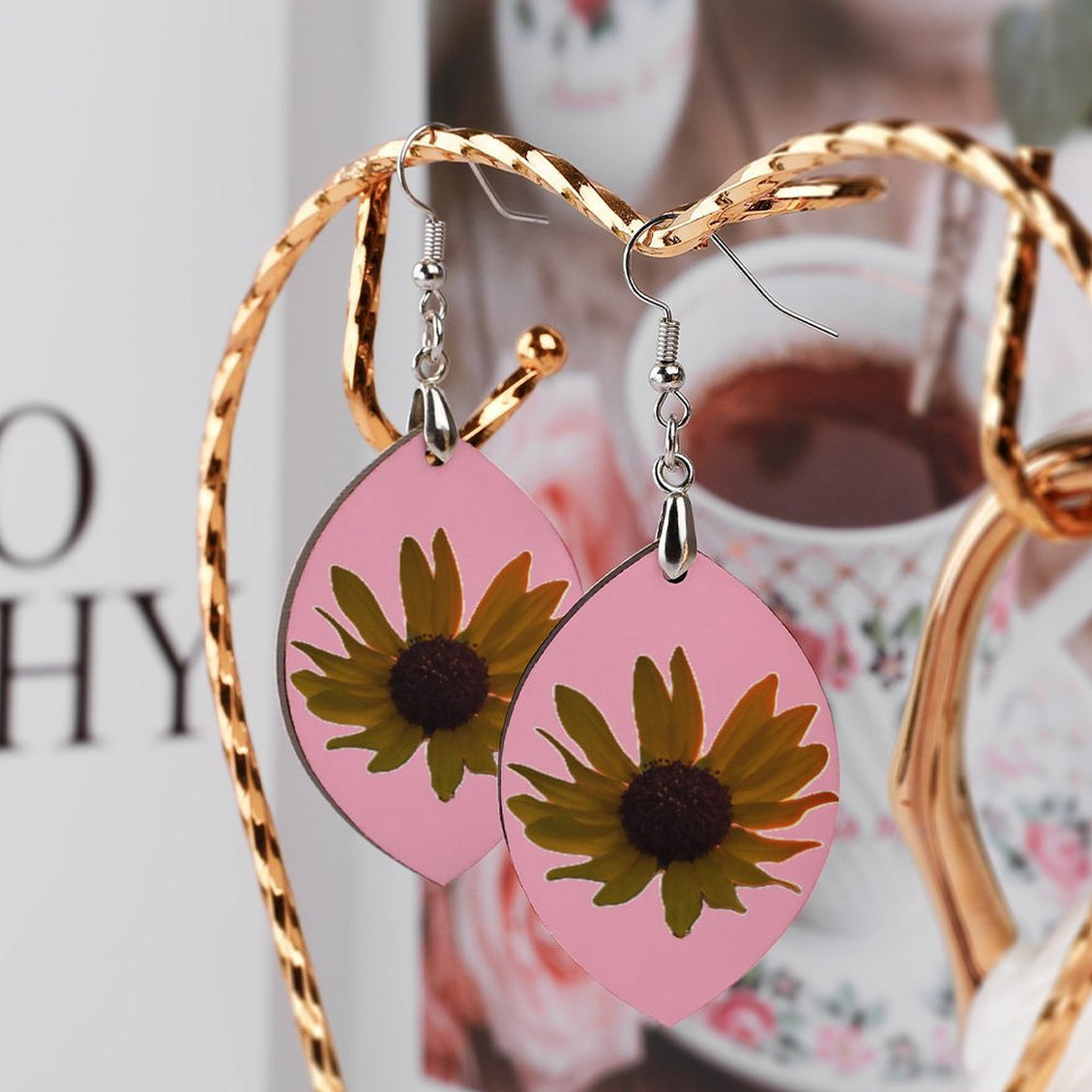 Wooden Oval Earrings Wild Sunflower Pink