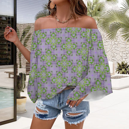 Trumpet Sleeve Blouse Purple Green Graphic