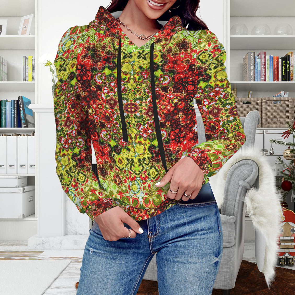 Puff Sleeve Hoodie Buffalo Berries Red Chartreuse